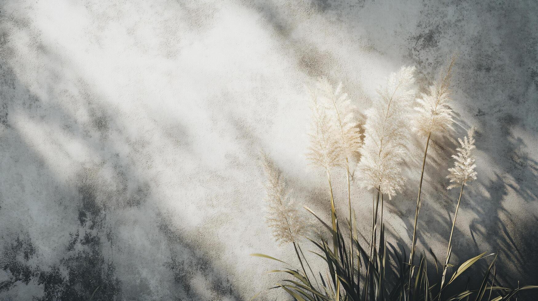 Wall with a shadow of a plant on it. The plant is tall and has a few leaves photo