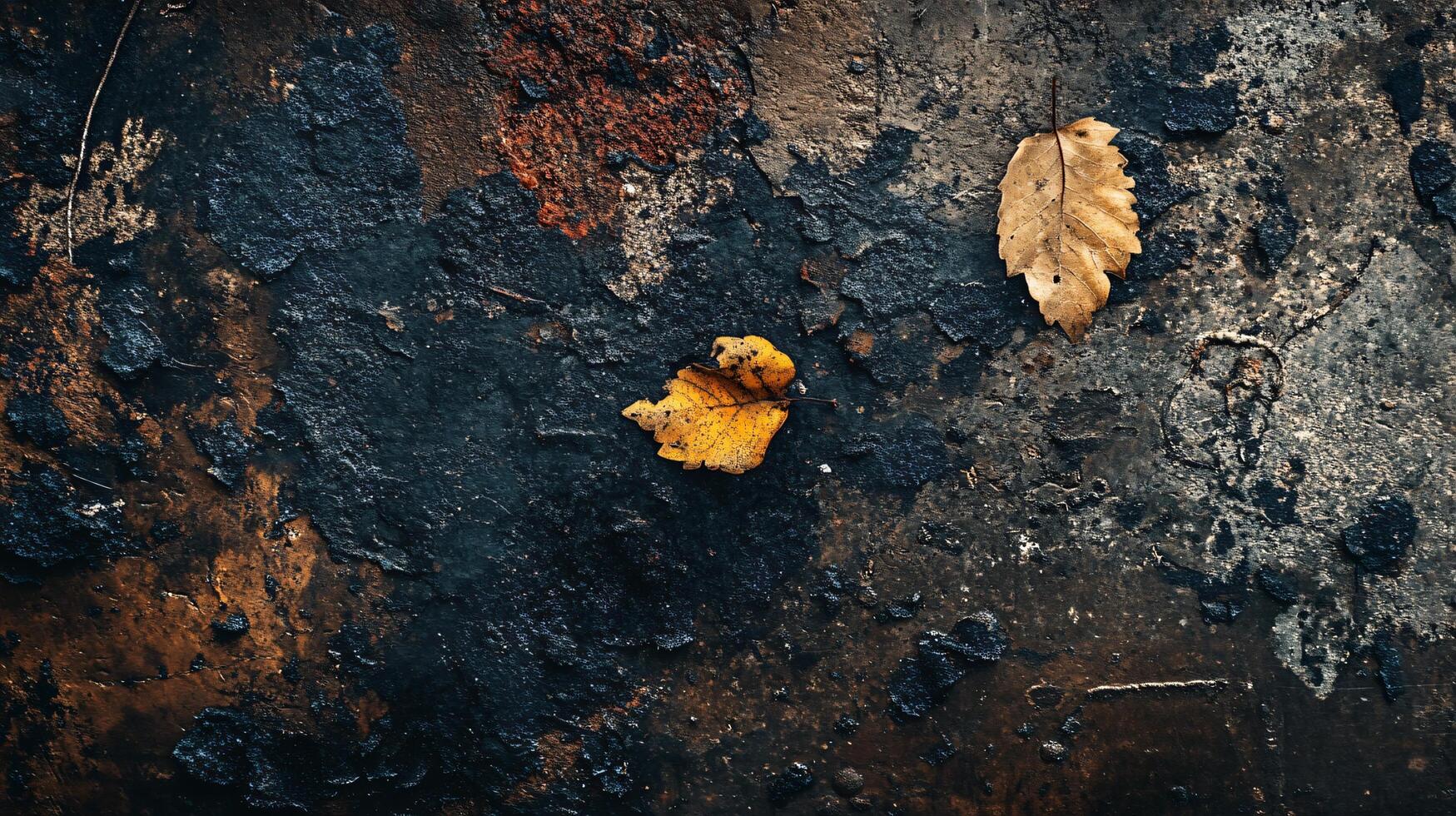 Leaf is laying on a dirty surface. The leaf is yellow and brown. The surface is dirty and has a lot of debris photo