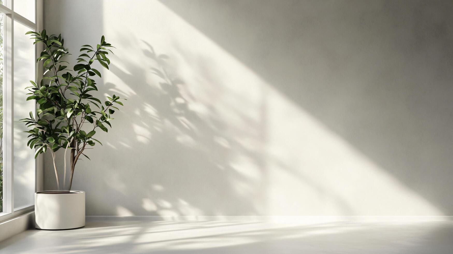 Large window with a potted plant in front of it. The plant casts a shadow on the wall, creating a sense of depth and dimension in the room. The sunlight streaming in through the window adds warmth photo