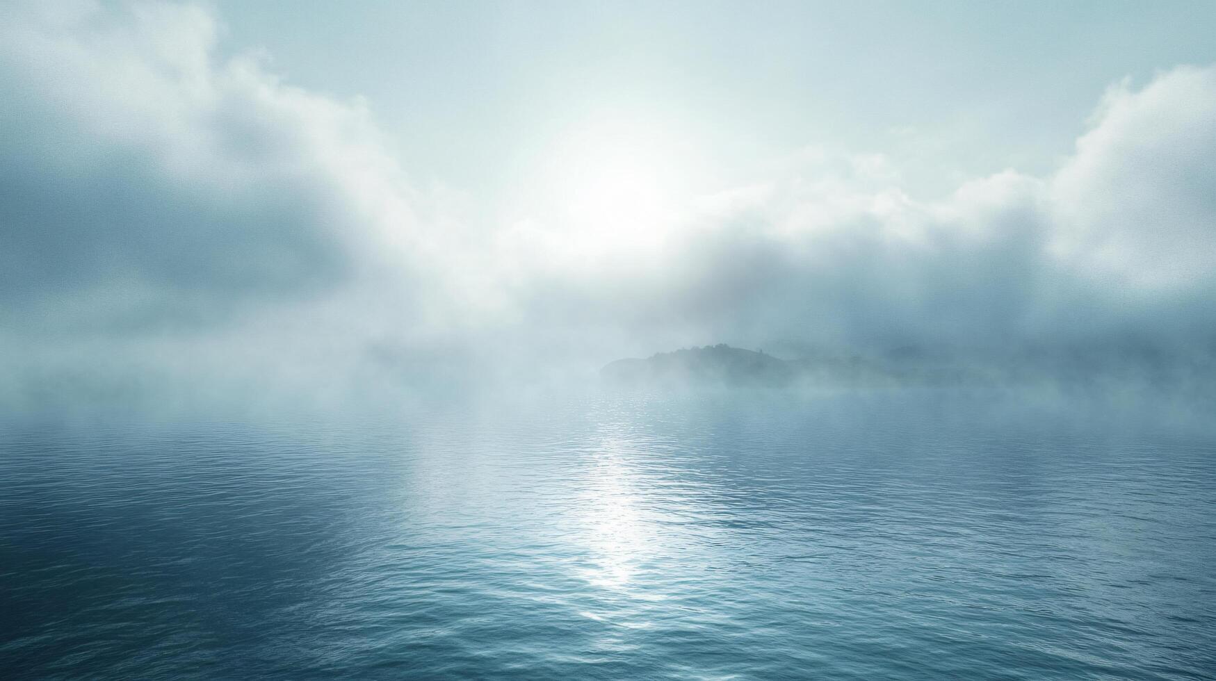 Cloudy sky with a sun in the background. The sun is shining through the clouds, creating a beautiful and serene atmosphere. The water is calm and still, reflecting the sky and the sun photo
