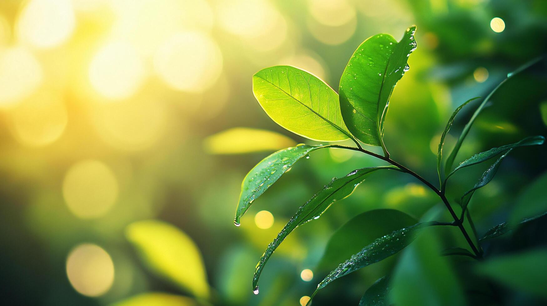 Leafy green plant with a droplet of water on it. The leaf is surrounded by a blurry background, giving the impression of a soft, dreamy atmosphere photo