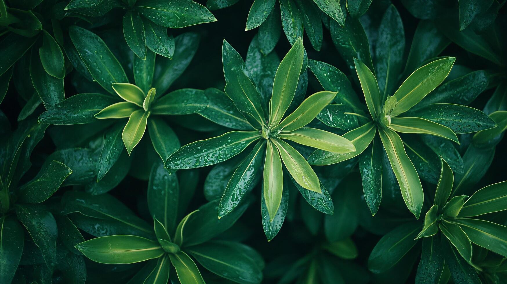Close up of green leaves with water droplets on them. The leaves are arranged in a way that creates a sense of depth and dimension. The image conveys a feeling of freshness and vitality photo