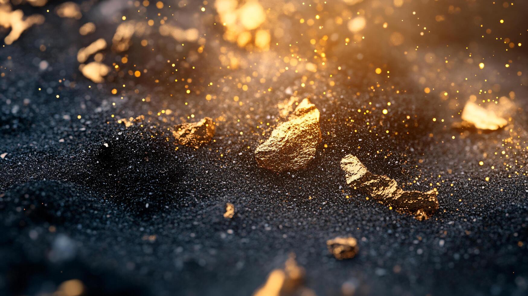Pile of gold and black rocks with a lot of sparkles. The rocks are scattered all over the ground and the sparkles are coming from the sun photo