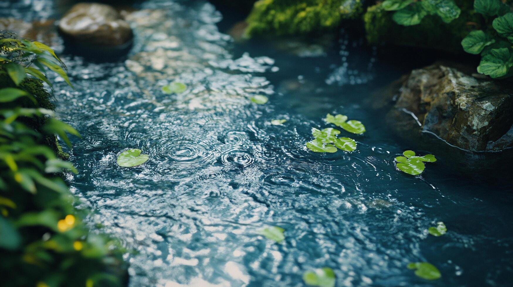 Stream of water with lily pads floating on top. The water is clear and calm, and the lily pads are green and spread out across the surface. The scene is peaceful and serene, with the water photo