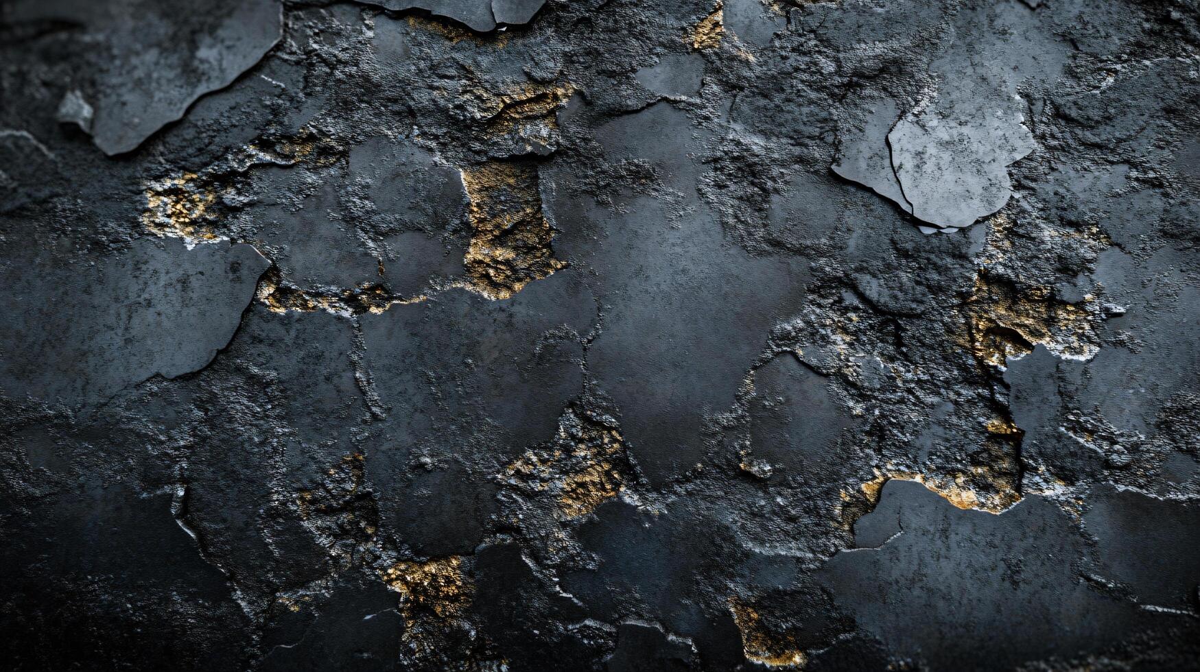 Wall with cracks and peeling paint. The wall is covered in black and gold paint. The wall has a rough texture and he is old photo