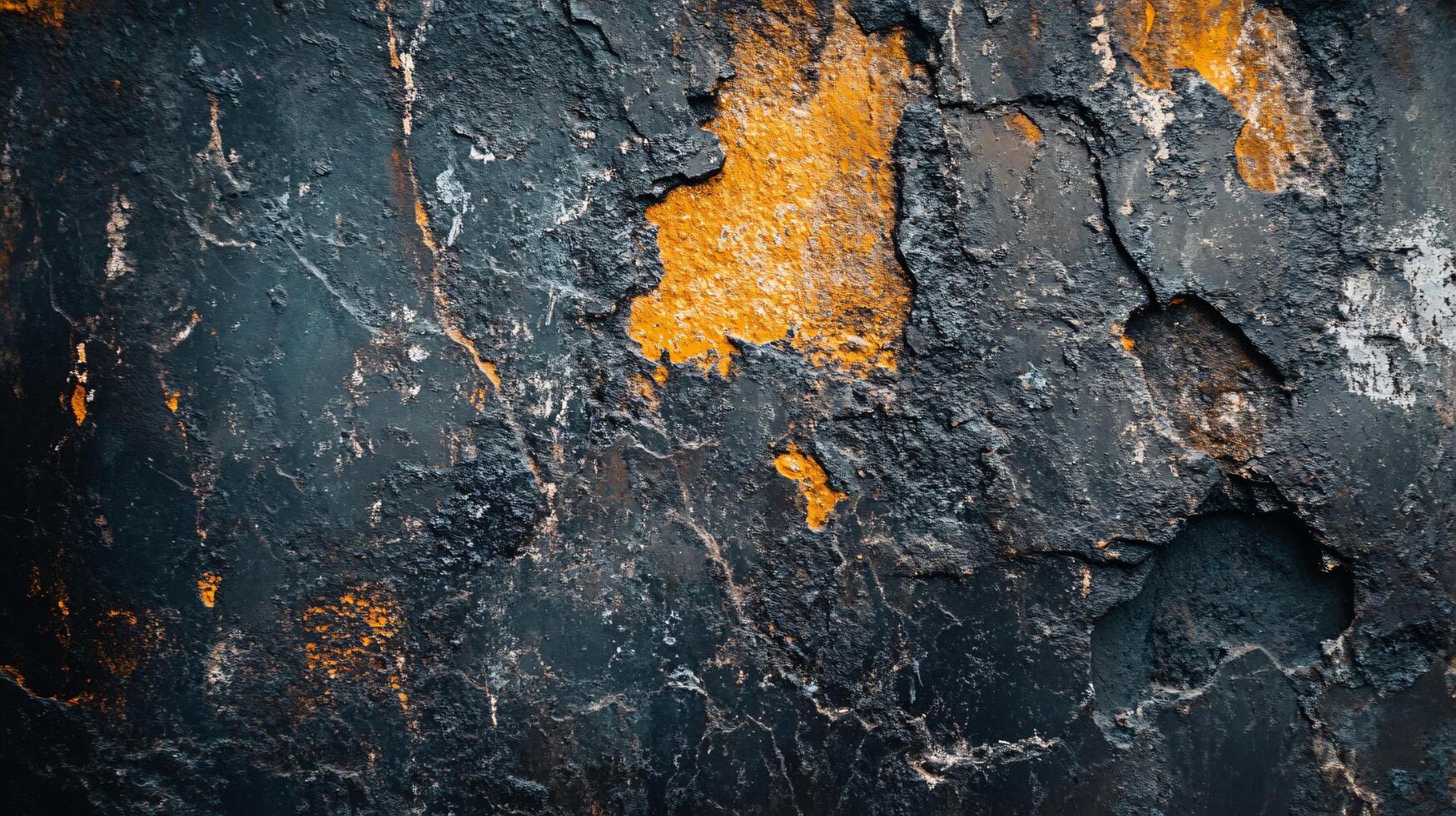 Black and orange wall with a lot of cracks and holes. The wall is old and worn, with a lot of rust and peeling paint. Scene is one of decay and abandonment photo
