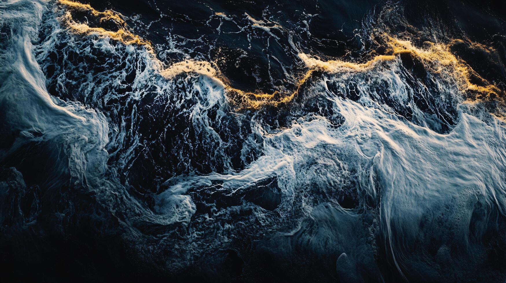 Large wave crashing into the shore. The water is dark blue and the wave is high, with foam and spray in the air. Scene is powerful and dynamic photo