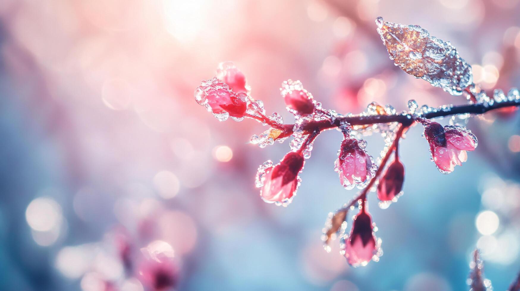 Branch of a tree with frost on it. The branch is pink and the frost is white photo