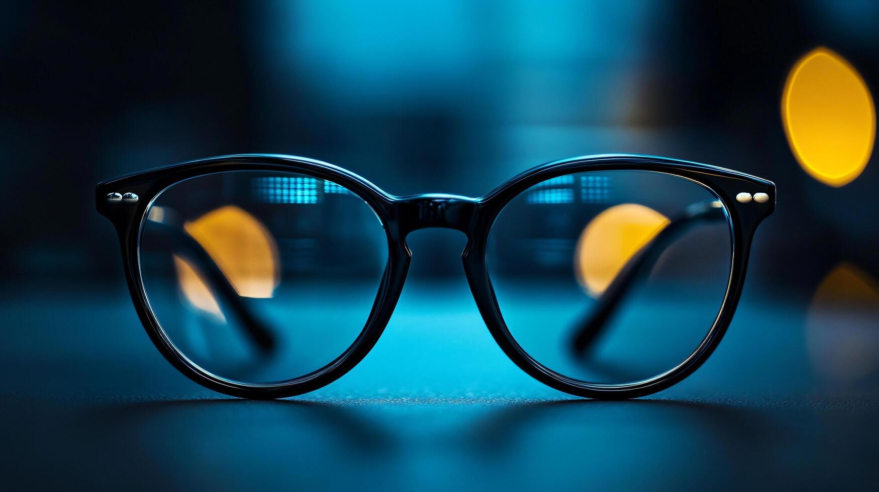Pair of black glasses with yellow circles on the lenses. The glasses are sitting on a table photo