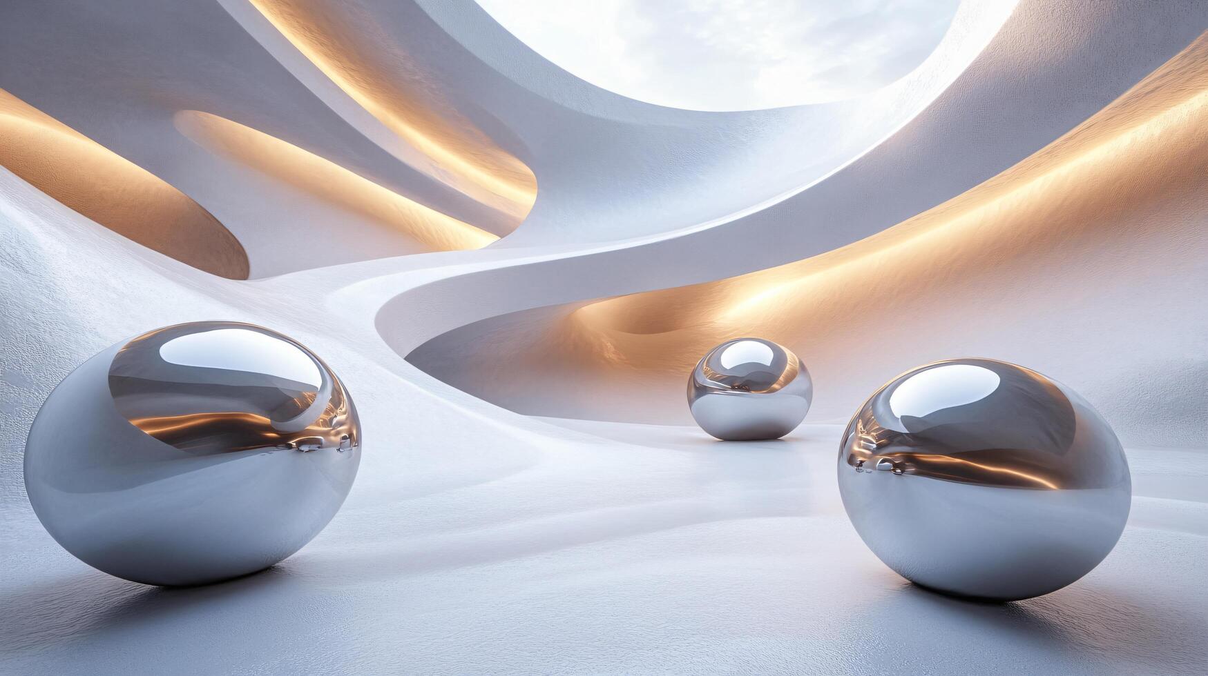 Three large silver spheres are suspended in midair in a white room. The room is empty and the spheres are the only objects in the space. The spheres are positioned at different heights and angles photo
