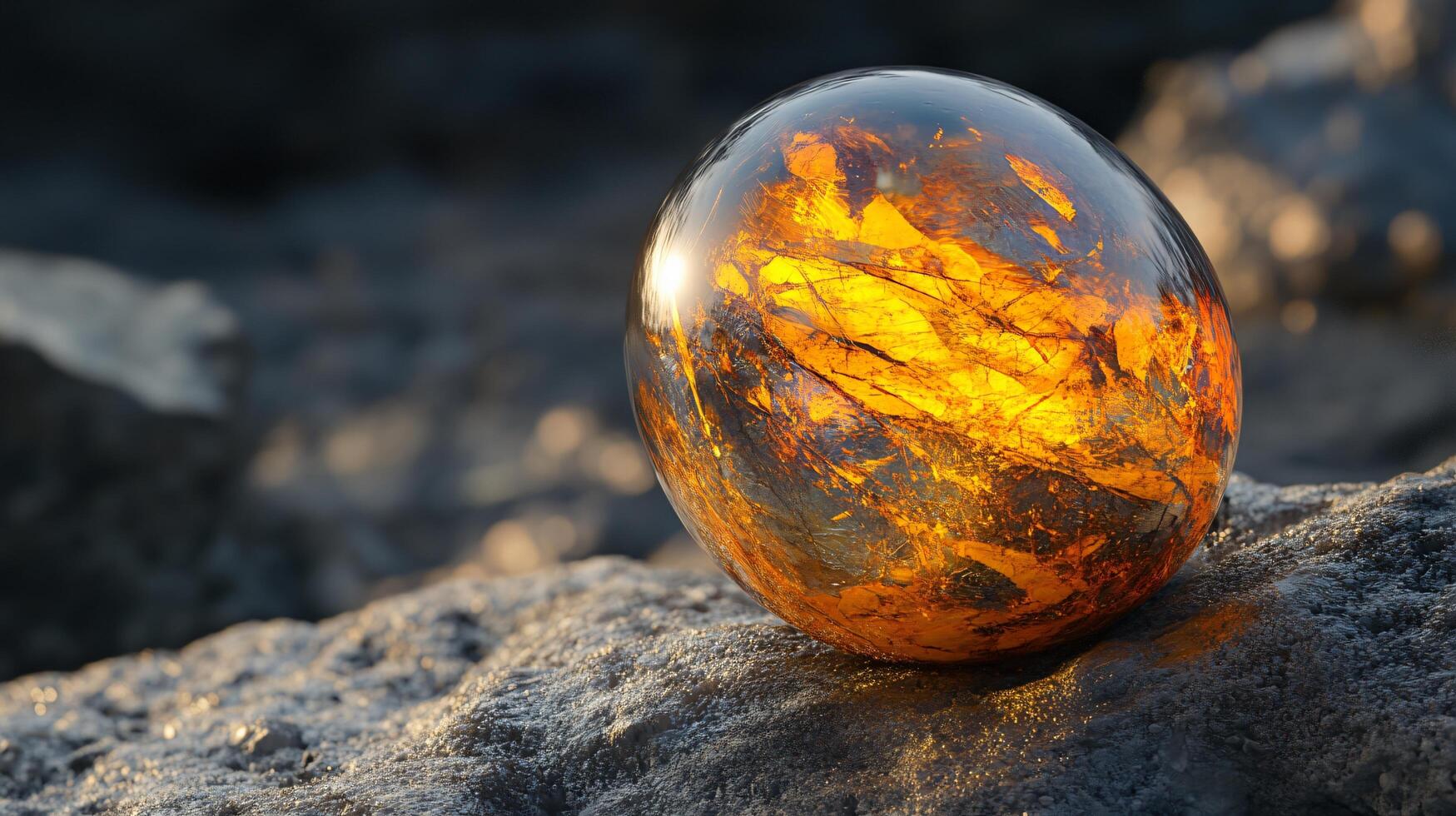 Large, orange, glass sphere sits on a rock. The sphere is surrounded by a blurry reflection of itself, creating a sense of depth and intrigue. The image evokes a feeling of mystery and wonder photo