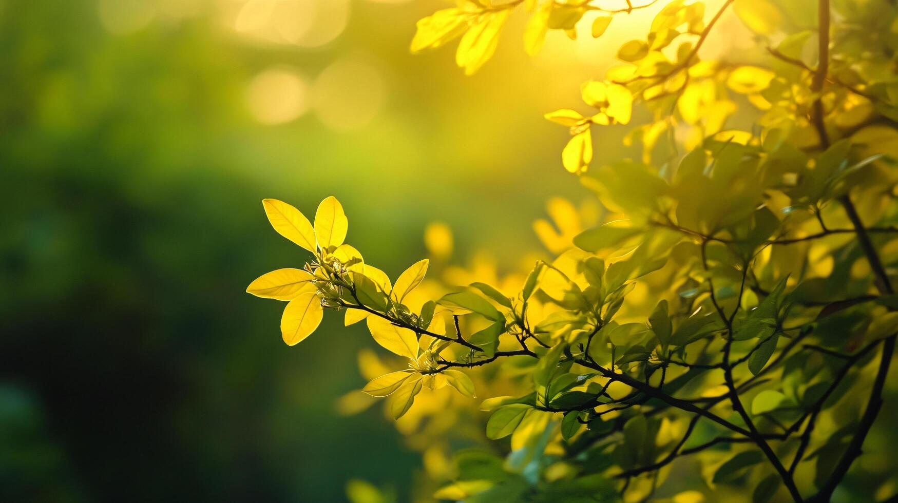 Leafy tree with a bright yellow leaf in the foreground. The tree is surrounded by green leaves and branches. The sunlight is shining on the tree, making the leaves look vibrant and alive photo