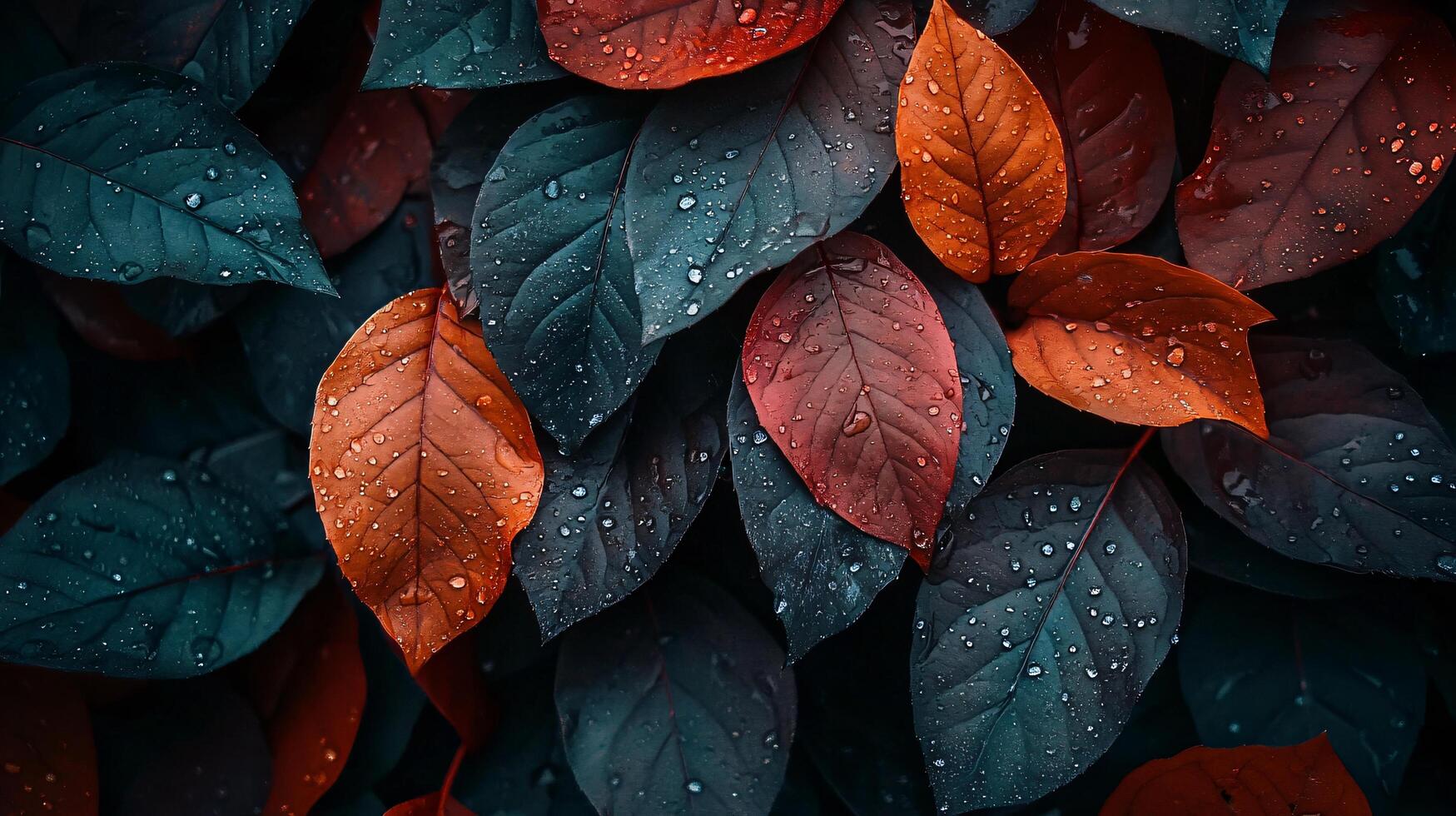 Close up of leaves with water droplets on them. The leaves are a mix of blue and red photo