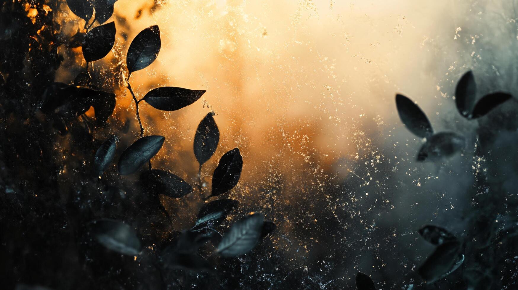 Blurry image of leaves with a yellow background. The leaves are dark and the background is orange photo