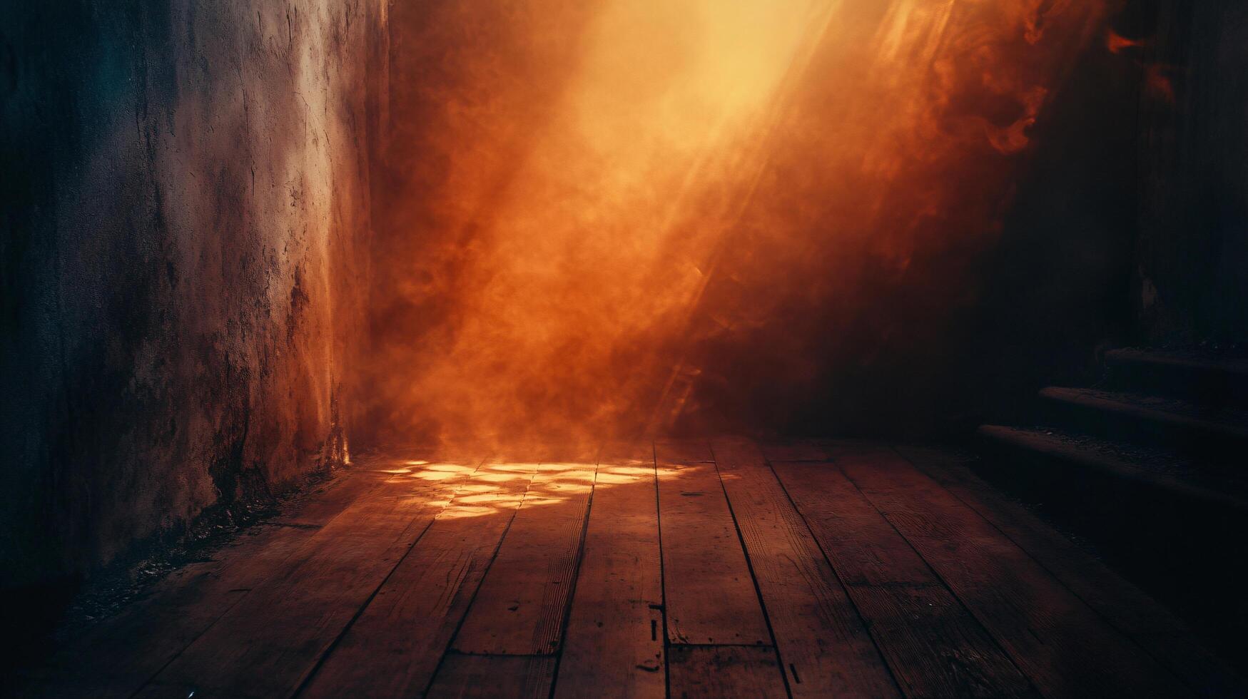 Dark room with a wooden floor and a wall. The room is empty and has a mysterious atmosphere photo