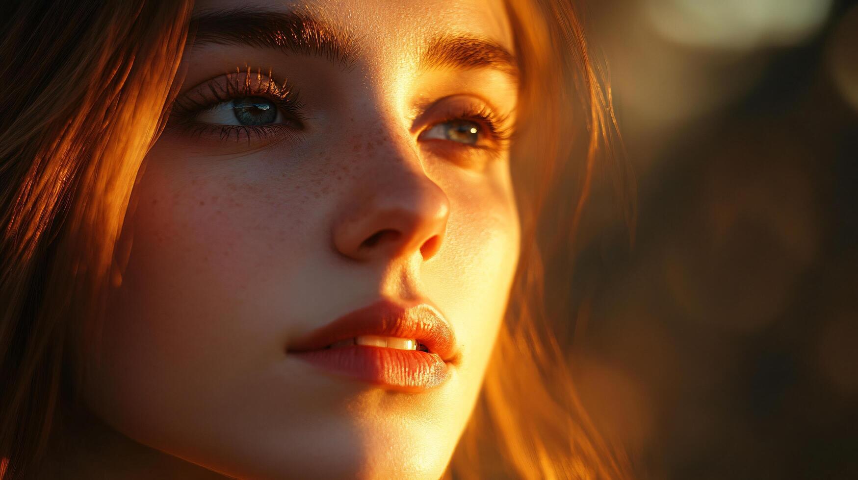 Woman with a red head and blue eyes is looking at the camera. She has a red nose and lips photo