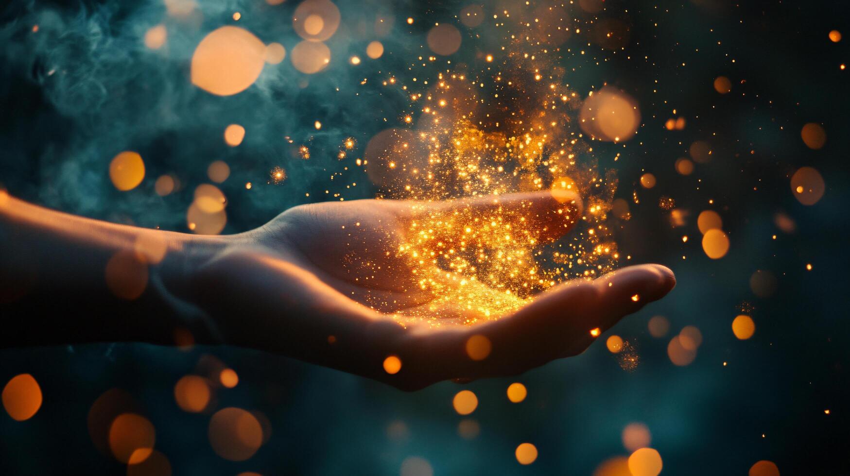 Hand holding a sparkler in a dark blue background. The sparkler is glowing and creating a beautiful, mesmerizing effect. Scene is one of wonder and awe photo