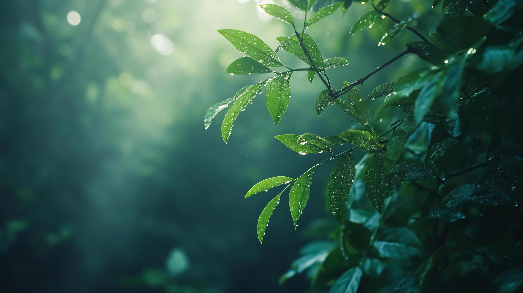 Leafy green tree with raindrops on it. The leaves are wet and the sunlight is shining through the leaves photo