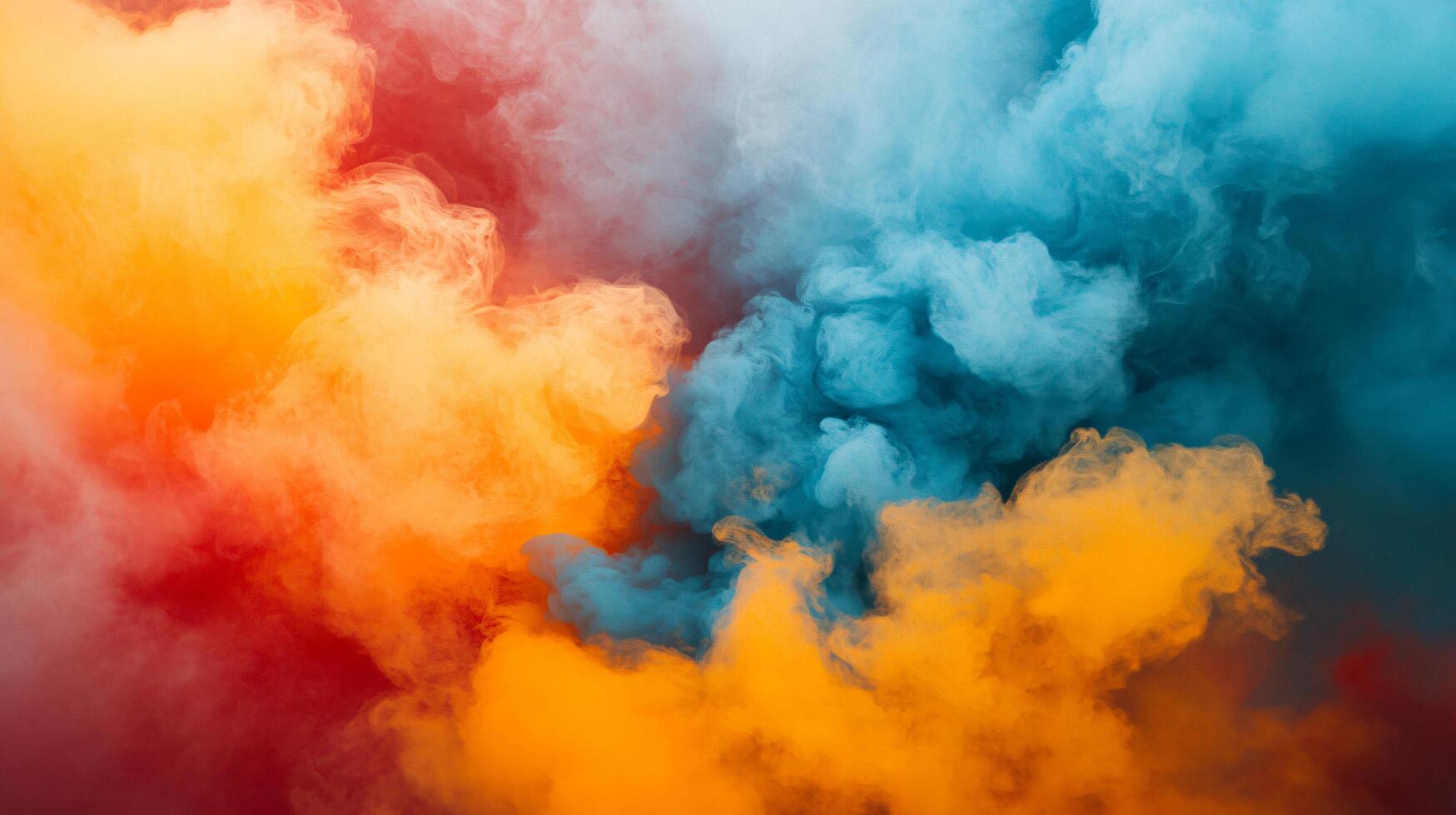 Colorful cloud of smoke with orange and blue swirls. The smoke is thick and dense, creating a sense of chaos and confusion. The colors of the smoke are vibrant and eye-catching photo
