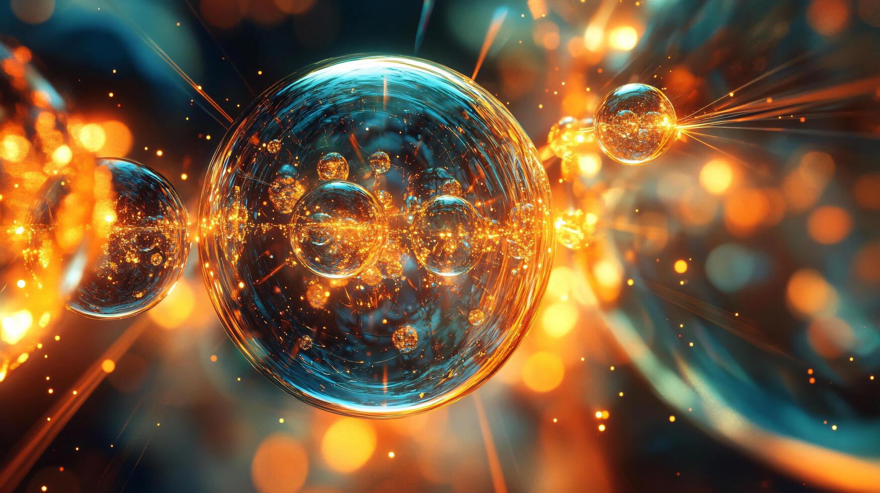 Glowing orange sphere surrounded by other glowing spheres. The sphere is surrounded by a bright orange glow, giving the impression of a swirling, energetic, and dynamic scene photo