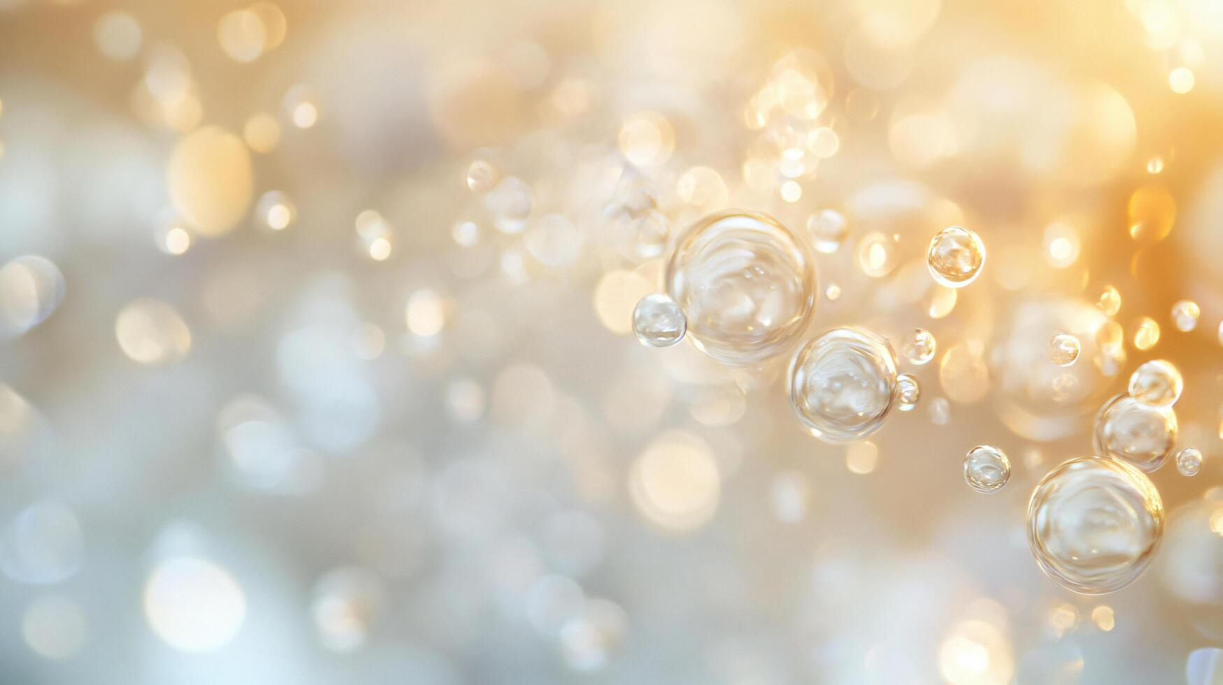 Blurry image of bubbles floating in the air. The bubbles are of different sizes and are scattered throughout the image. Scene is light and playful photo