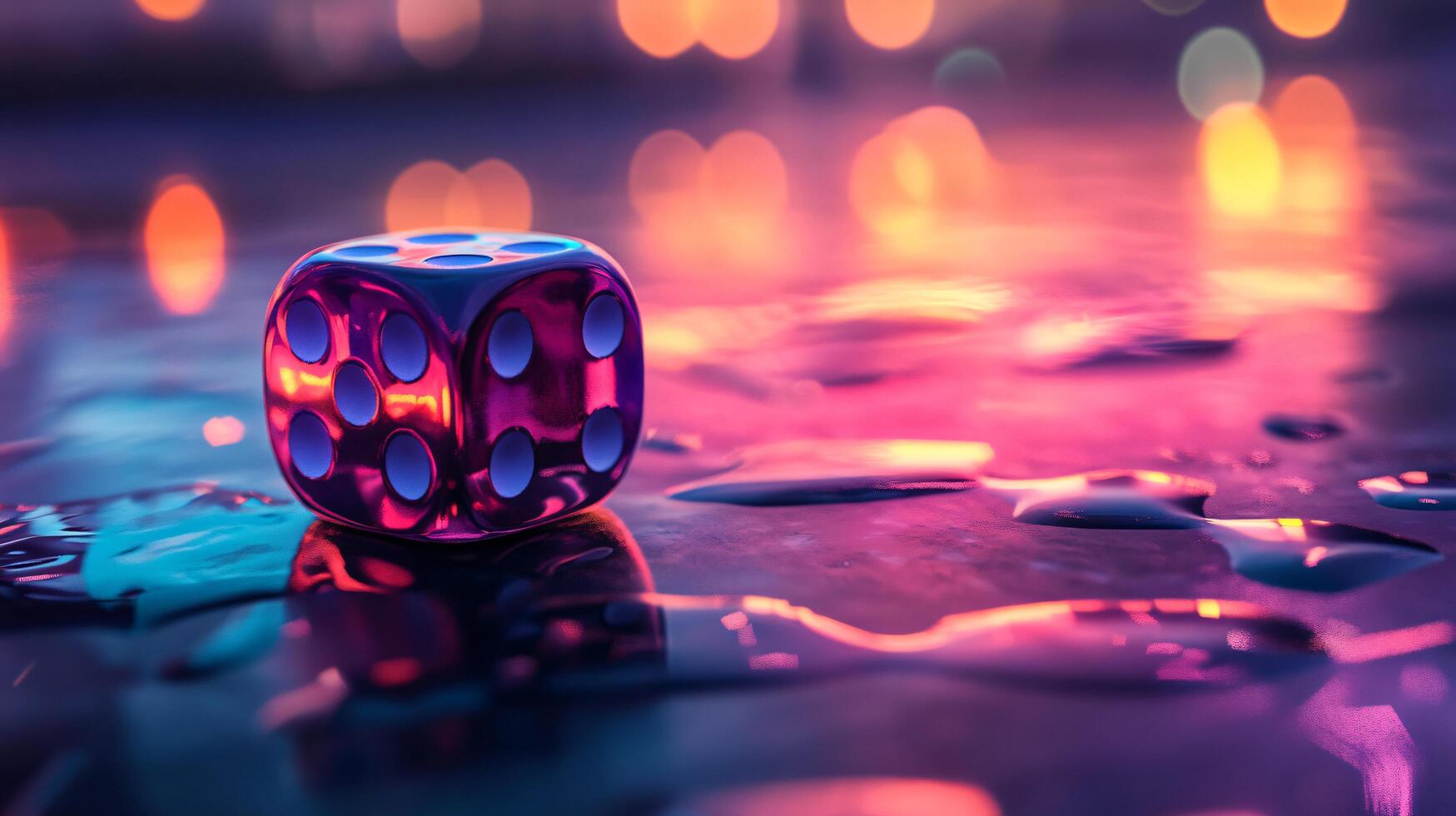 Red die is sitting on a wet surface. The die is surrounded by a blurry background, giving the image a dreamy, surreal feel photo