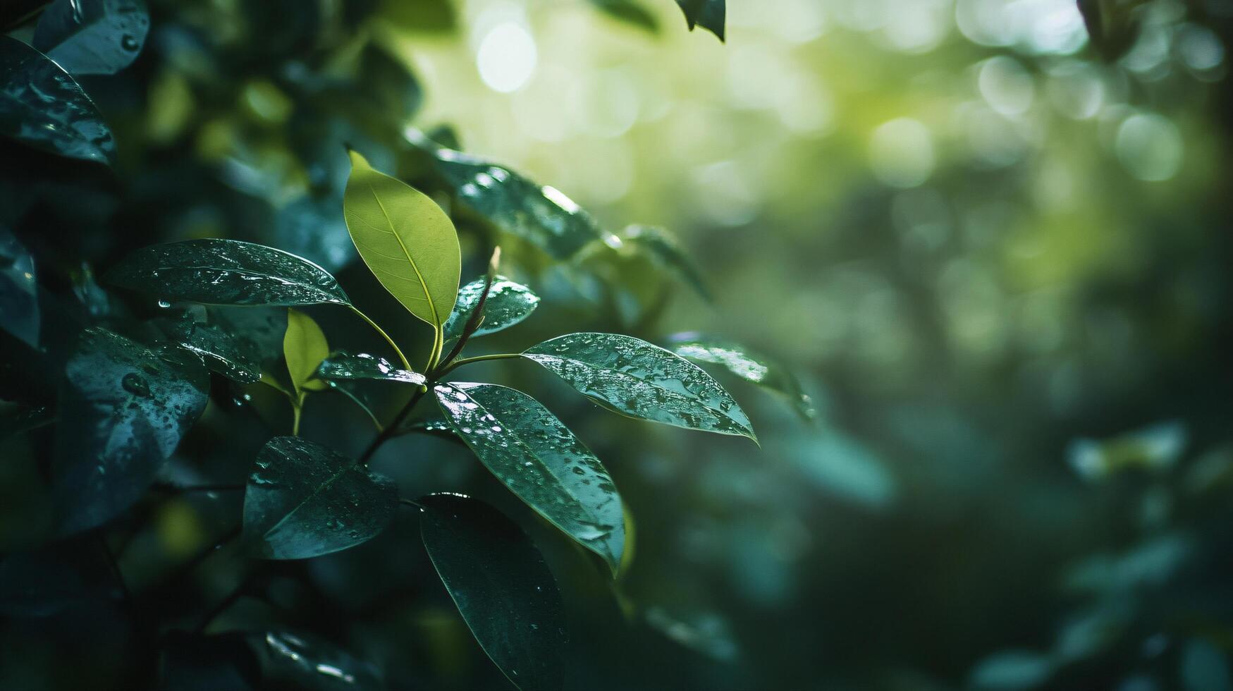 Leafy green tree with raindrops on it. The leaves are wet and shiny, and the tree is surrounded by a lush green forest. Concept of freshness and vitality, as the rain nourishes the plants photo