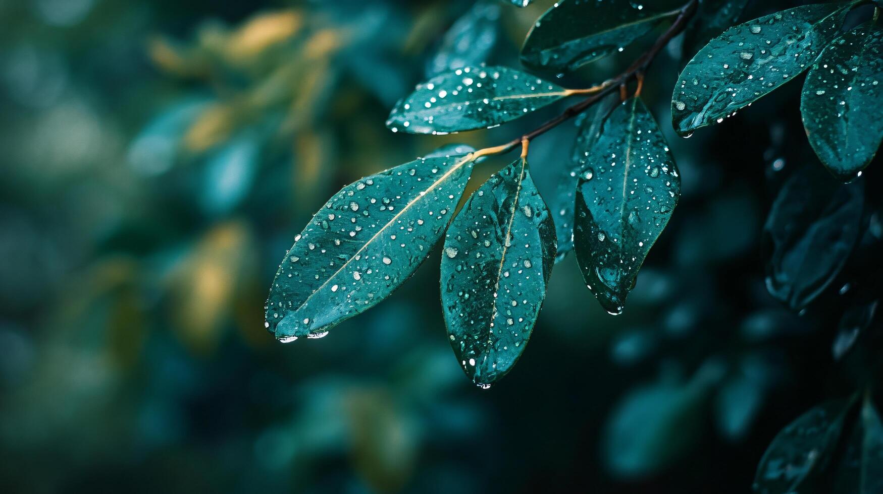 Leaf with raindrops on it. The leaf is green and the raindrops are small. The image has a calm and peaceful mood photo