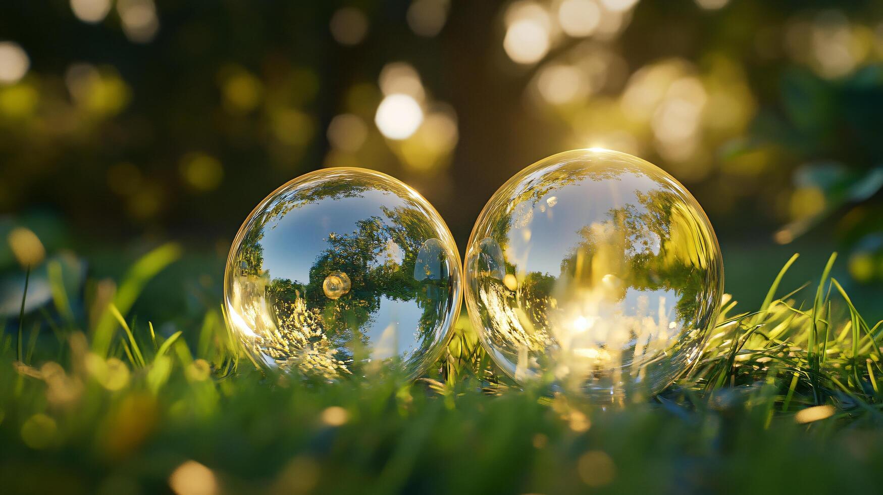 Two large, clear, reflective spheres are sitting on a green grassy field. The spheres are surrounded by a bright, sunny atmosphere, with the sun shining through the trees photo