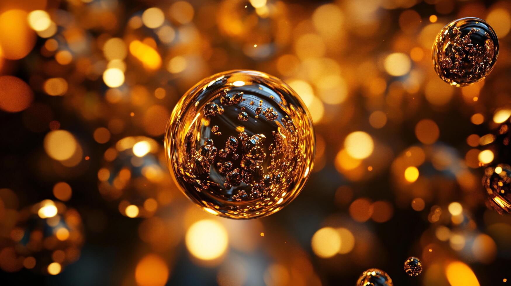 Close up of a gold colored sphere with a blurry background. The sphere is surrounded by other spheres, creating a sense of depth and movement. Scene is one of playfulness and whimsy photo