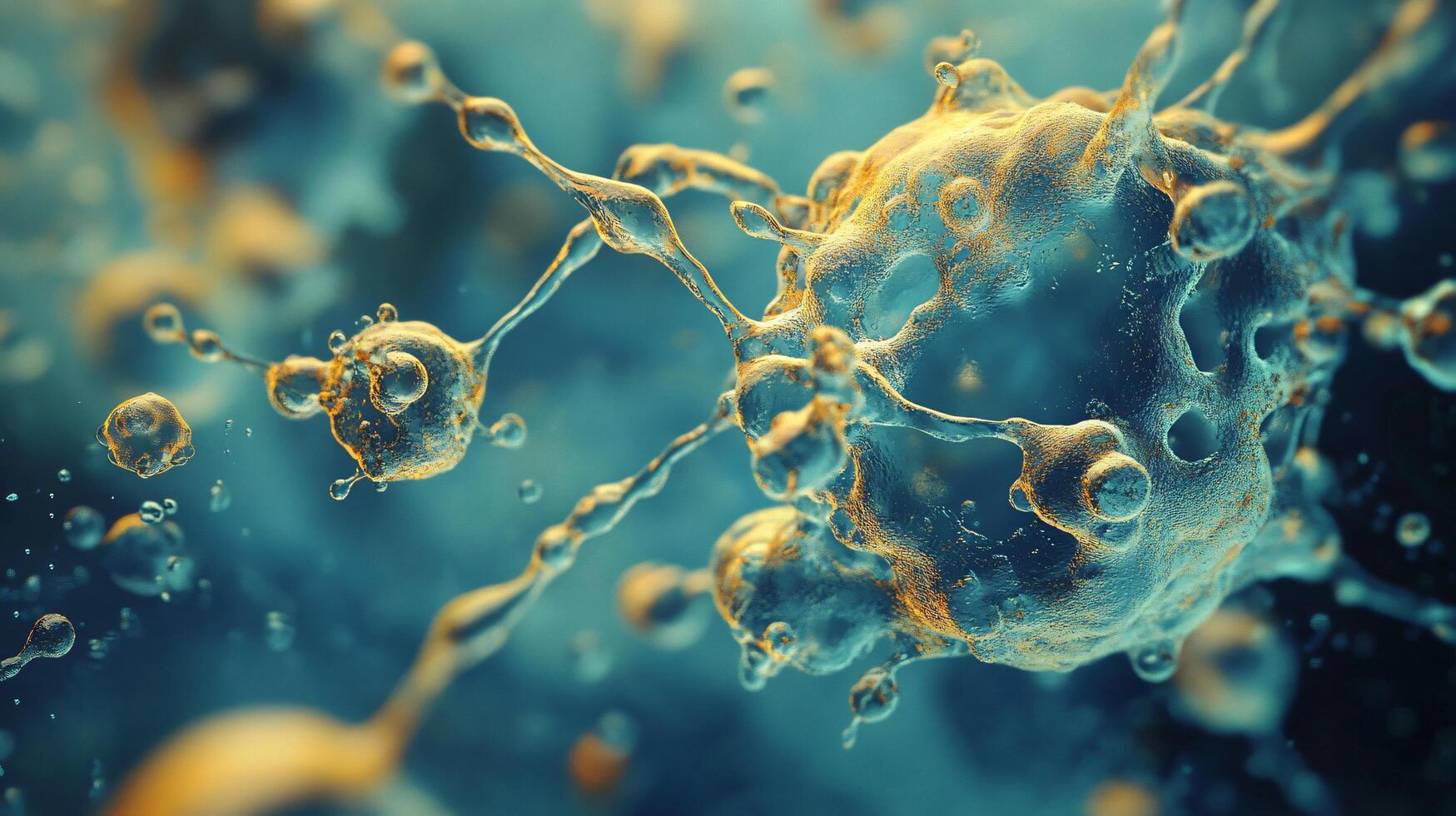 Close up of a cell with many bubbles surrounding it. The bubbles are of different sizes and colors, giving the impression of a dynamic and active environment. Concept of movement and energy photo