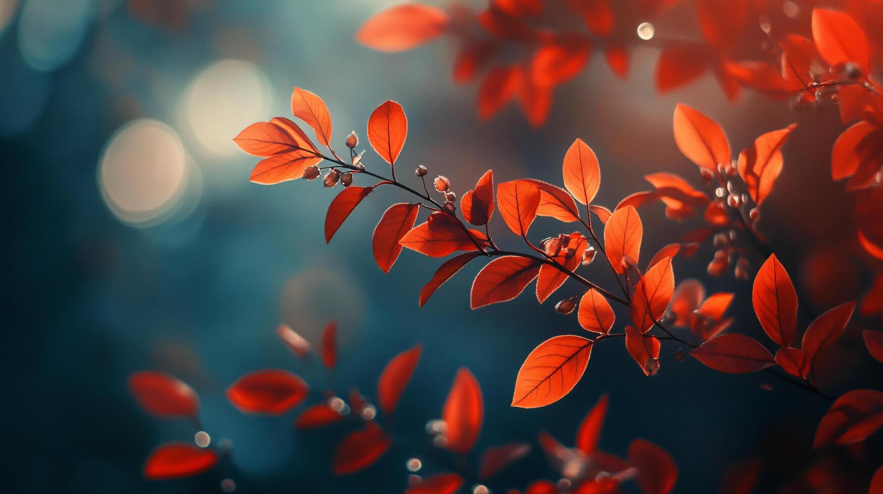 Leafy branch with red leaves and a blue background. The leaves are in various stages of ripeness, with some still green and others turning red. The blue background creates a sense of calm photo