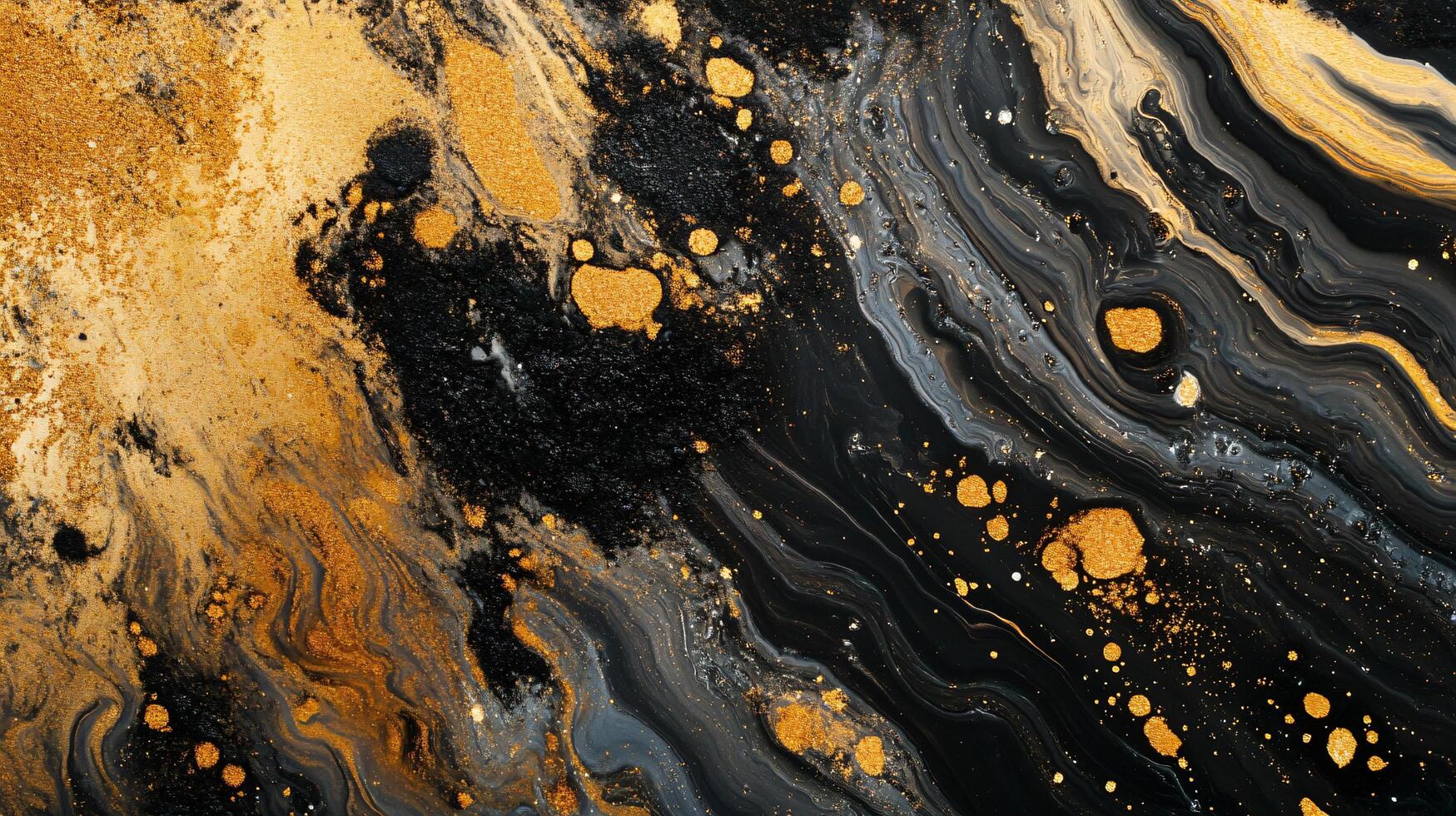 Painting with gold and black swirls and gold specks. The gold and black colors create a sense of depth and movement photo