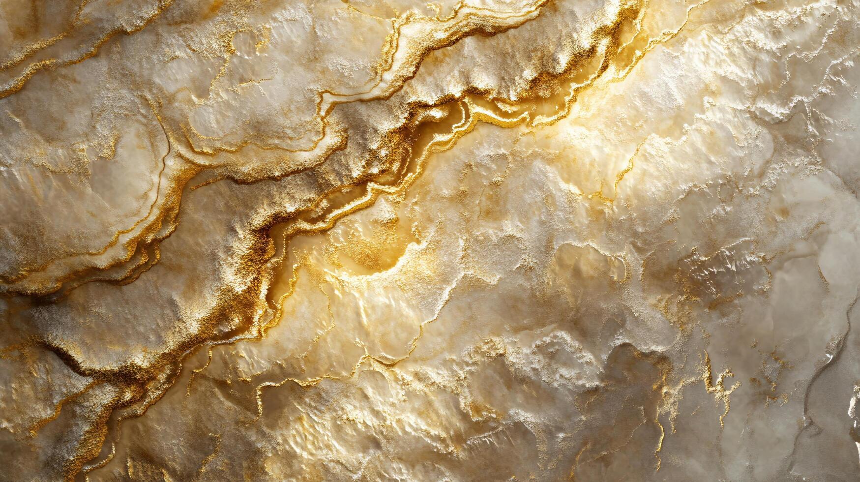 Gold and white wall with a pattern of waves. The wall is made of marble and has a shiny, reflective surface. The waves are created by the light reflecting off the wall photo