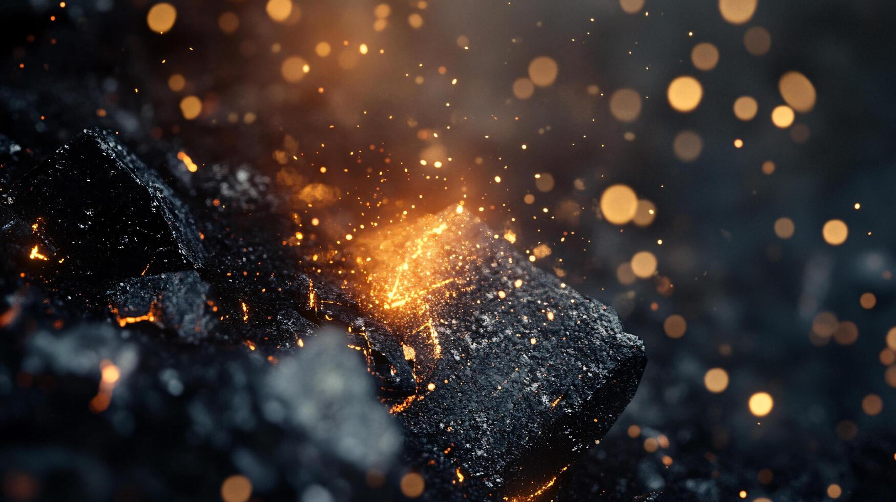 Black rock with a bright orange flame on it. The fire is surrounded by a lot of sparks, creating a dramatic and intense scene. The contrast between the dark rock photo