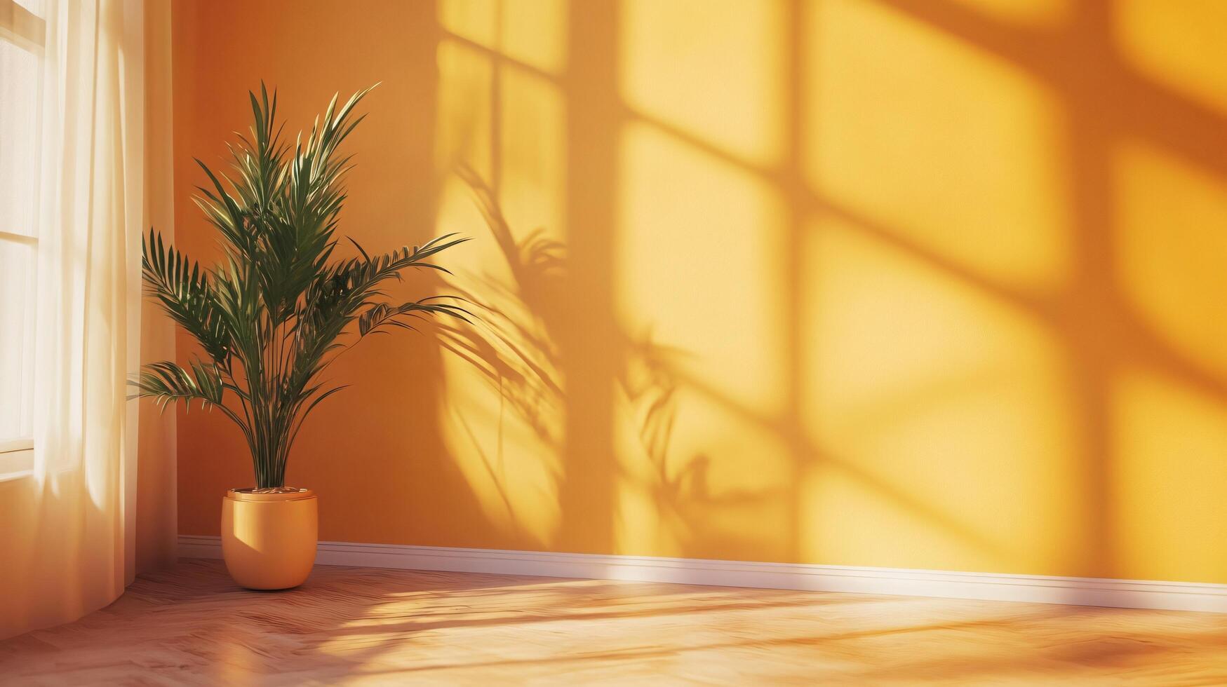 Yellow room with a plant in a pot. The plant is in the corner of the room and the sunlight is shining on it photo