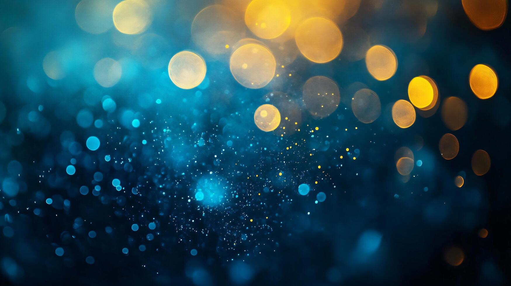 Blurry blue and yellow background with many small circles. The circles are of different sizes and colors, creating a sense of movement and energy. Scene is dynamic and lively photo