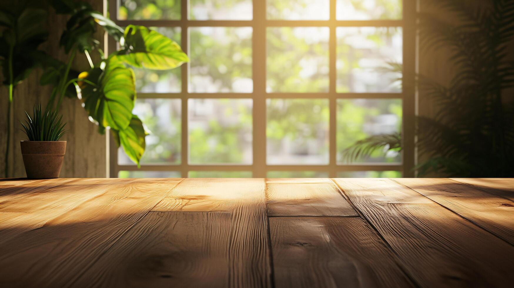 Wooden table with a potted plant on it and a window in the background. The sunlight is shining through the window, creating a warm and inviting atmosphere photo