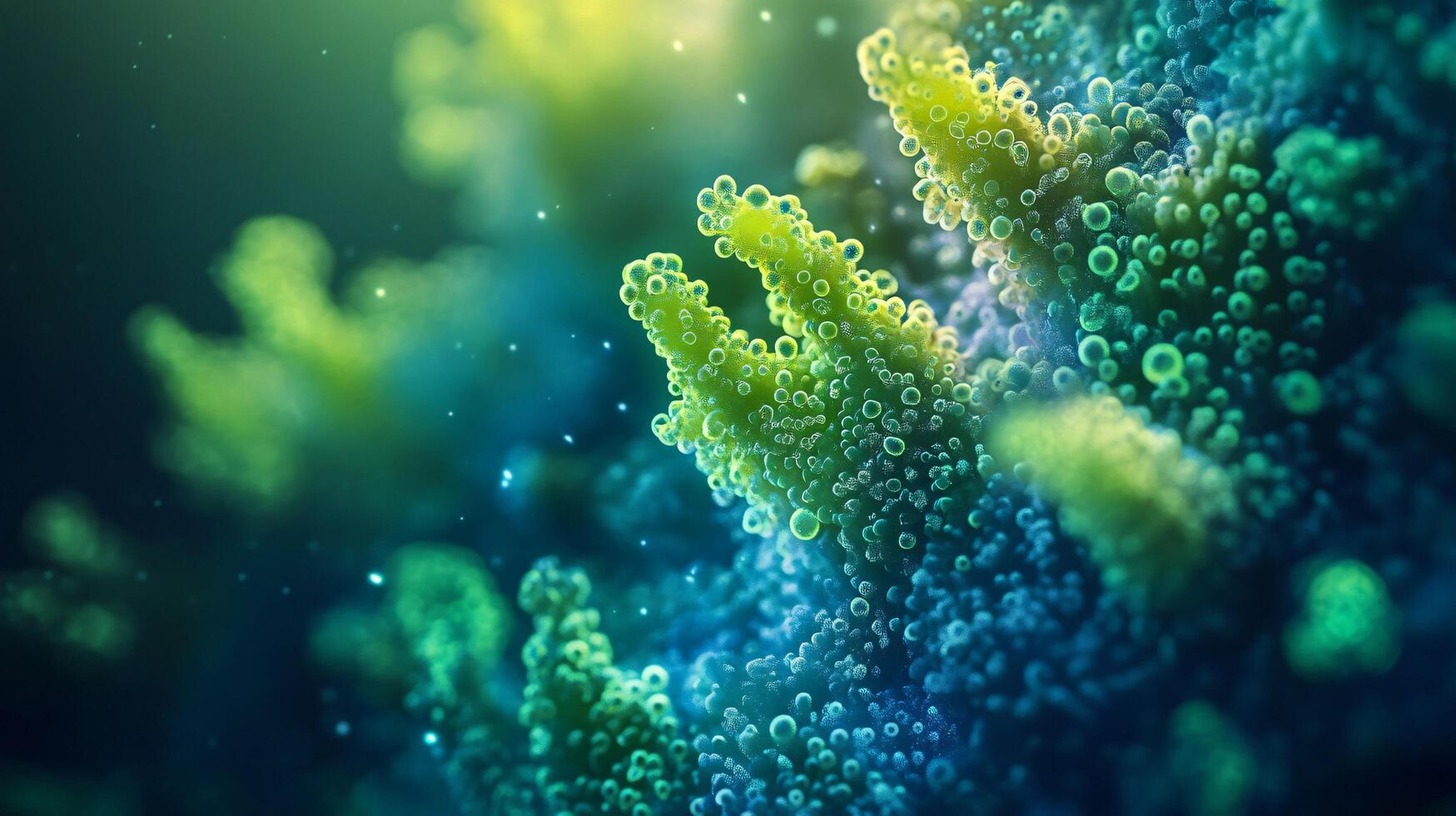 Close up of a green plant with many bubbles. The bubbles are green and blue and are scattered throughout the plant. The image has a calming and peaceful mood photo