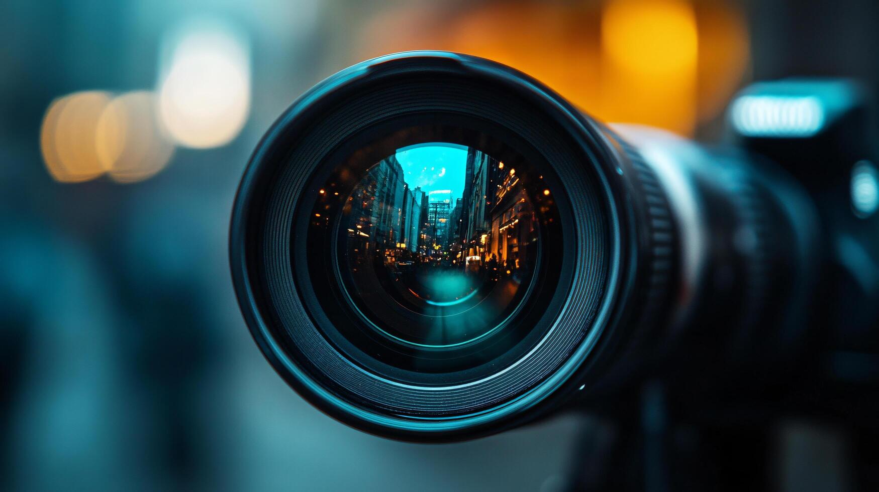 Camera lens is focused on a city street. The lens is black and the street is lit up with lights photo