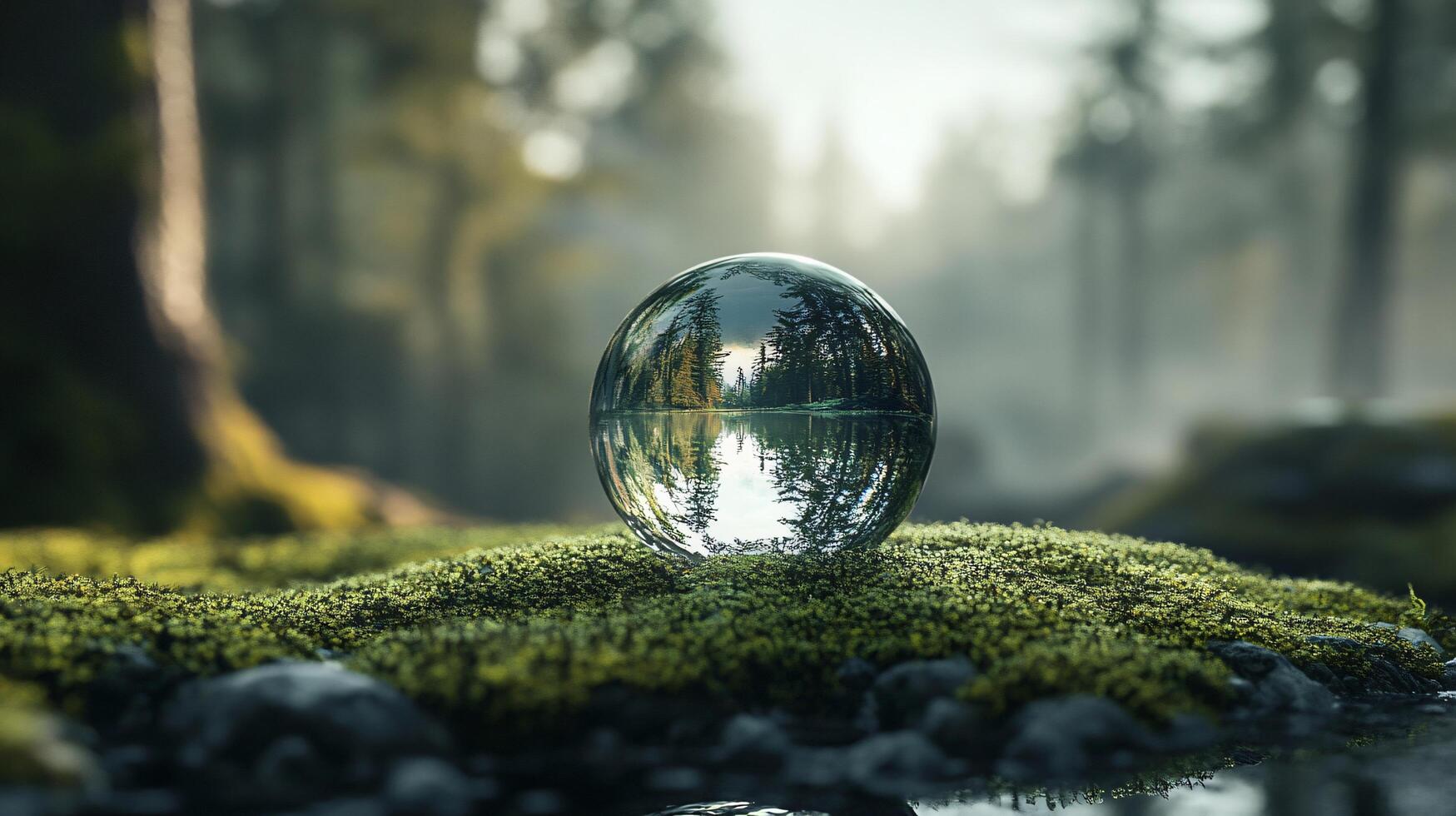 Clear ball is sitting on a patch of green moss. The moss is growing on a rock and the water is reflecting the ball. The scene is peaceful and serene, with the water photo