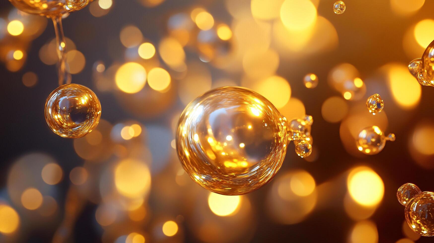 The image is a close up of a bunch of gold colored bubbles floating in the air. The bubbles are all different sizes and shapes, creating a sense of movement and energy. Scene is playful and whimsical photo