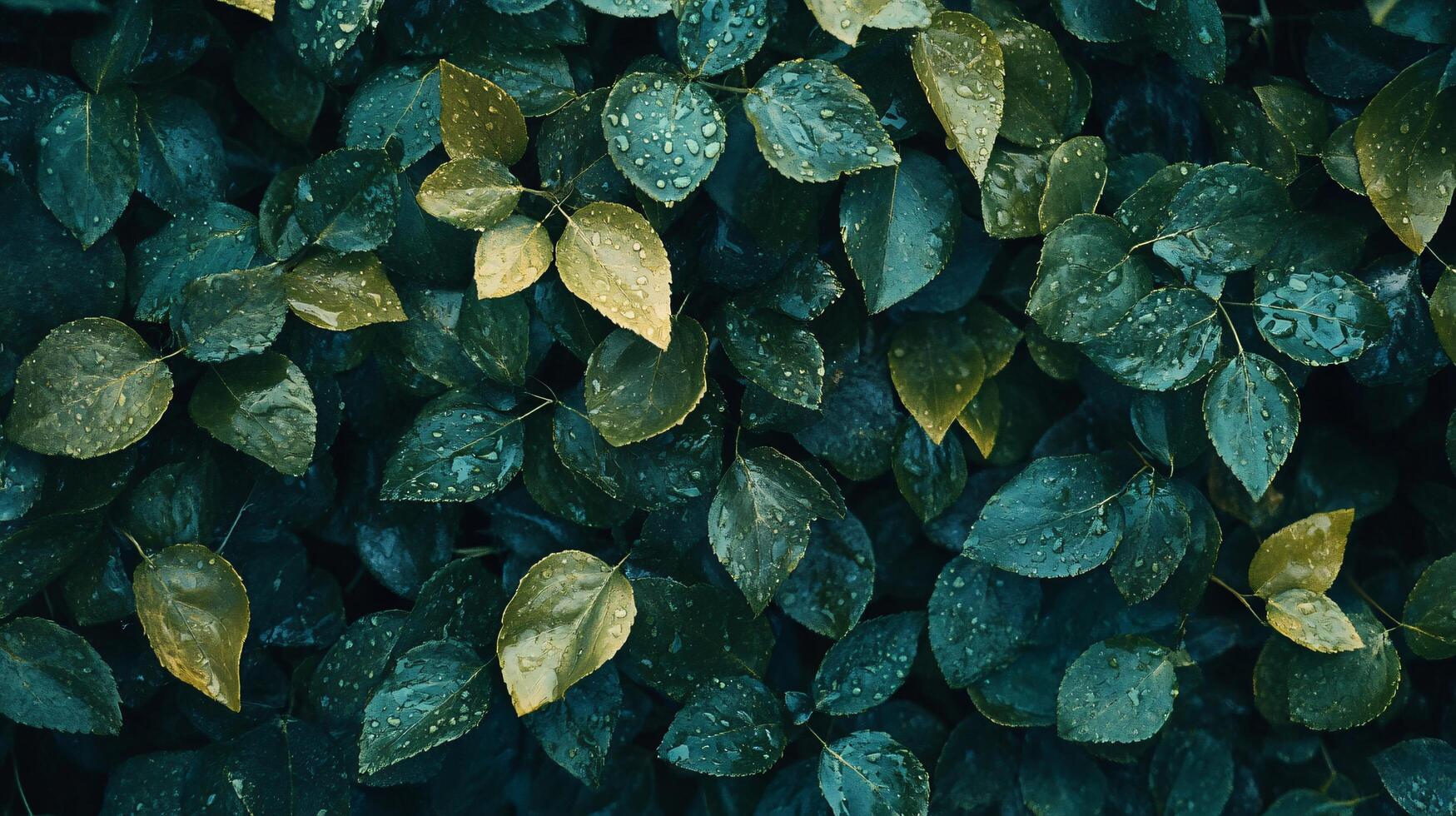 Close up of green leaves with droplets of water on them. The leaves are arranged in a way that creates a sense of depth and movement. The image conveys a feeling of freshness and vitality photo