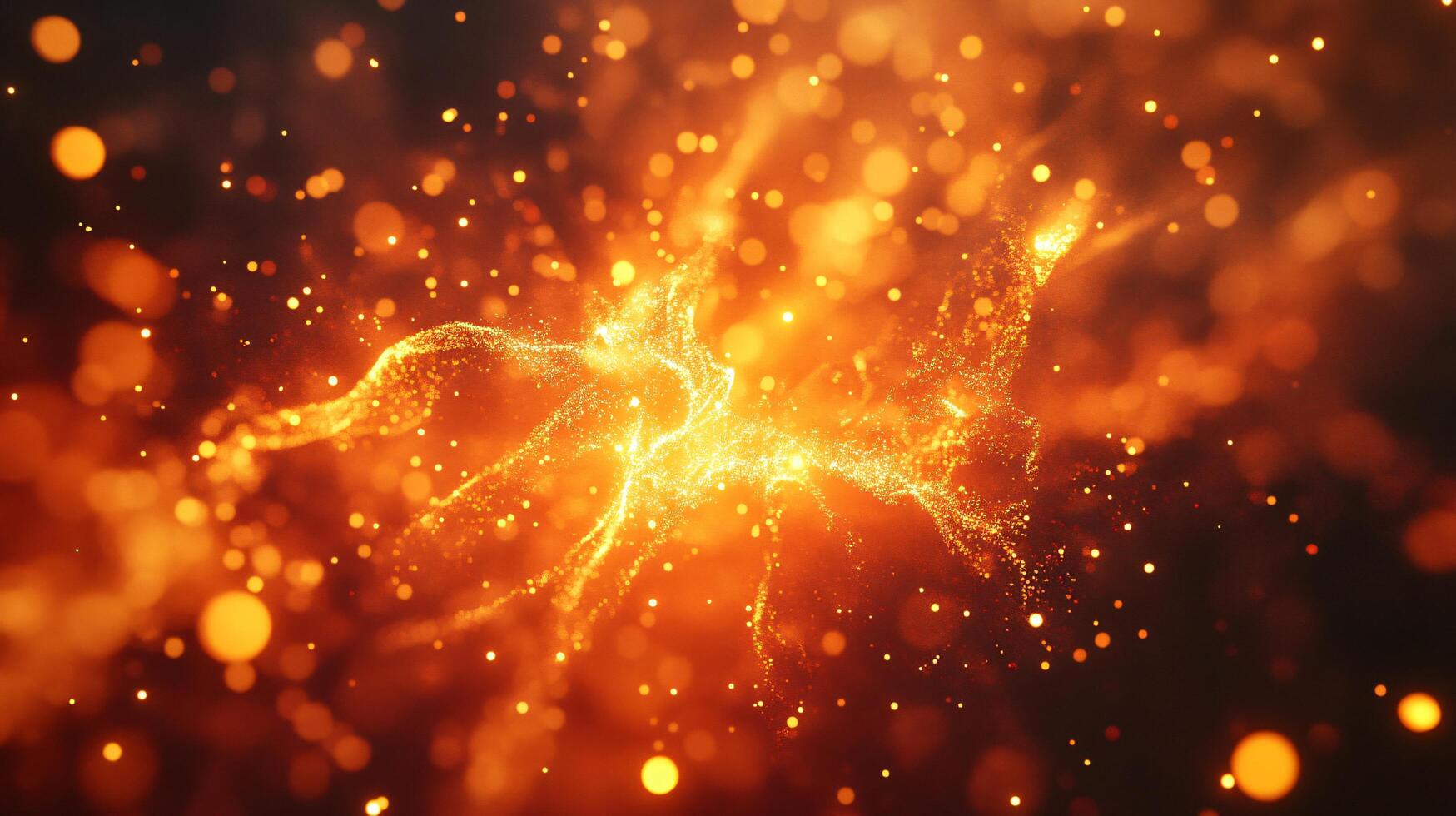 The image is a bright orange explosion of light and fire, with a lot of small, glowing particles scattered throughout the scene. Scene is energetic and dynamic, with a sense of movement and excitement photo