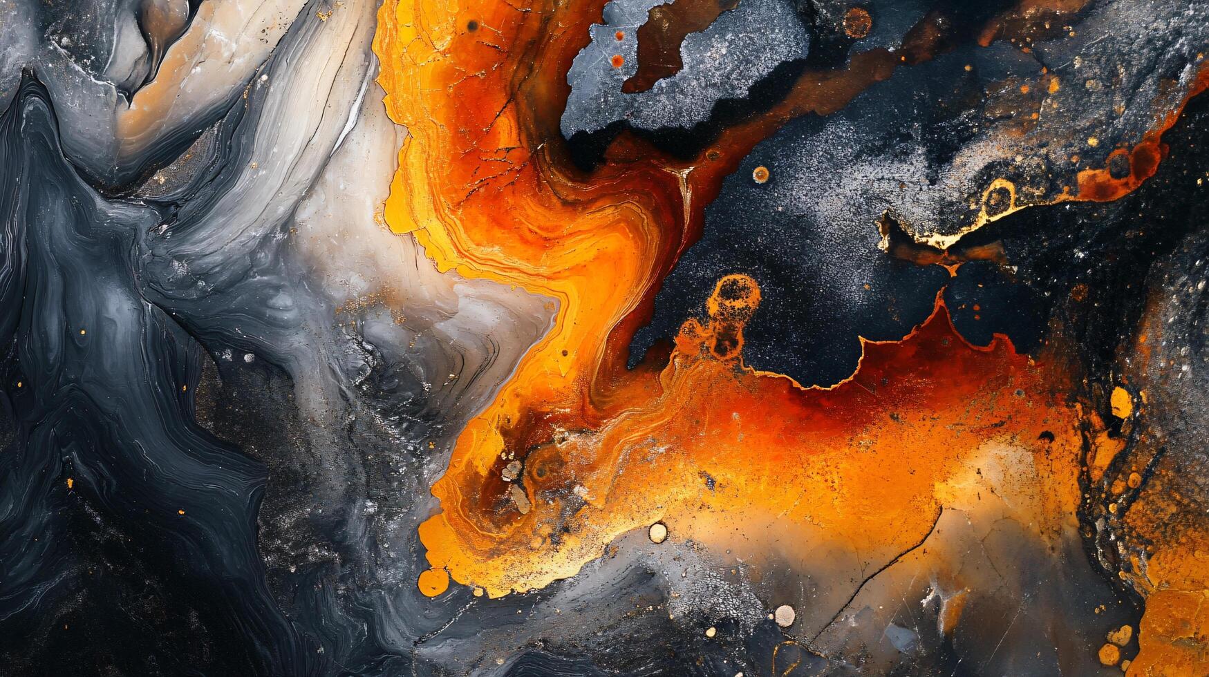 Painting of a swirl of colors with a gold and black center. The painting has a sense of movement and energy, with the gold and black center drawing the eye photo