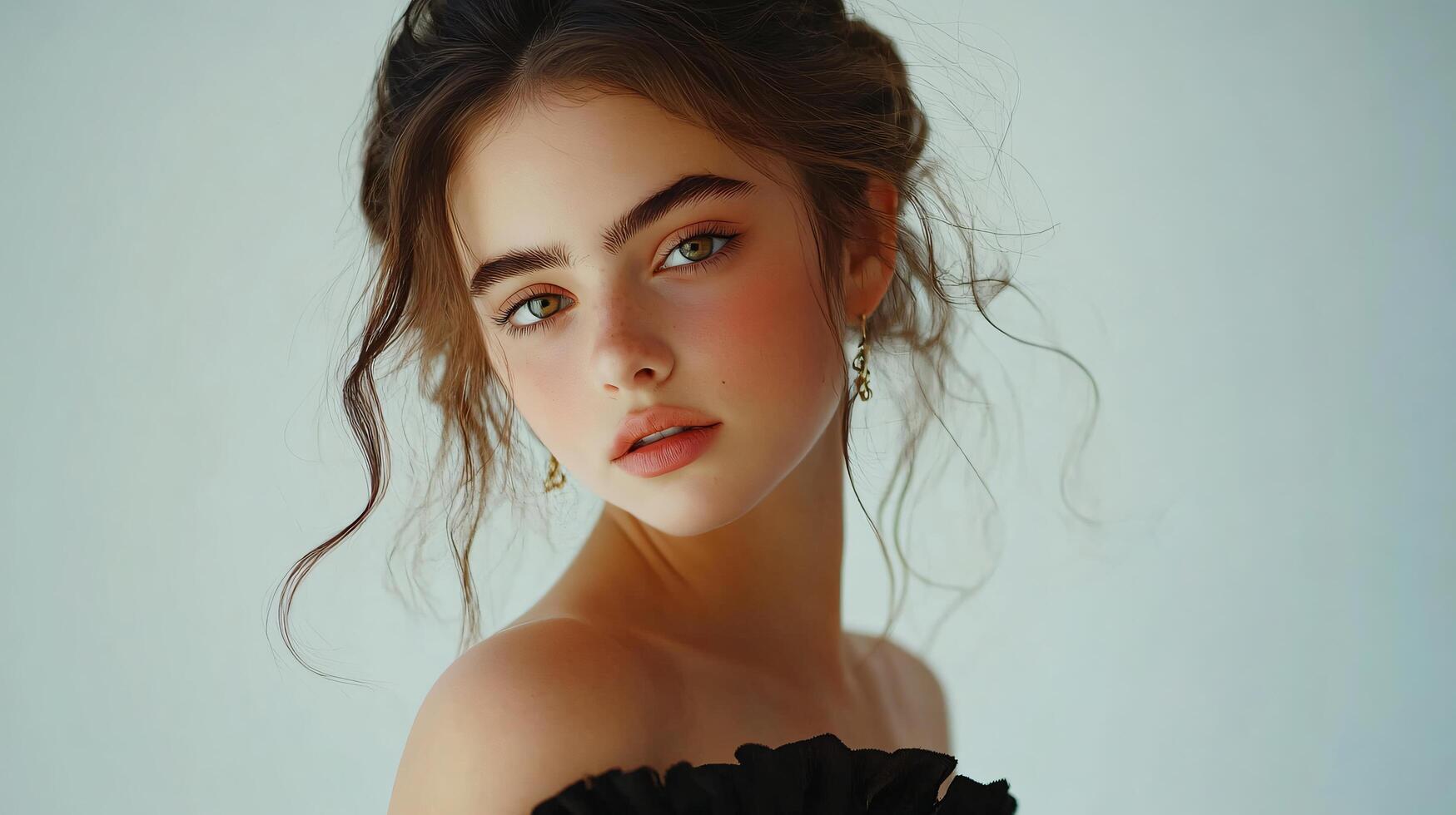Woman with long hair and a red nose. She is wearing a black dress and earrings photo
