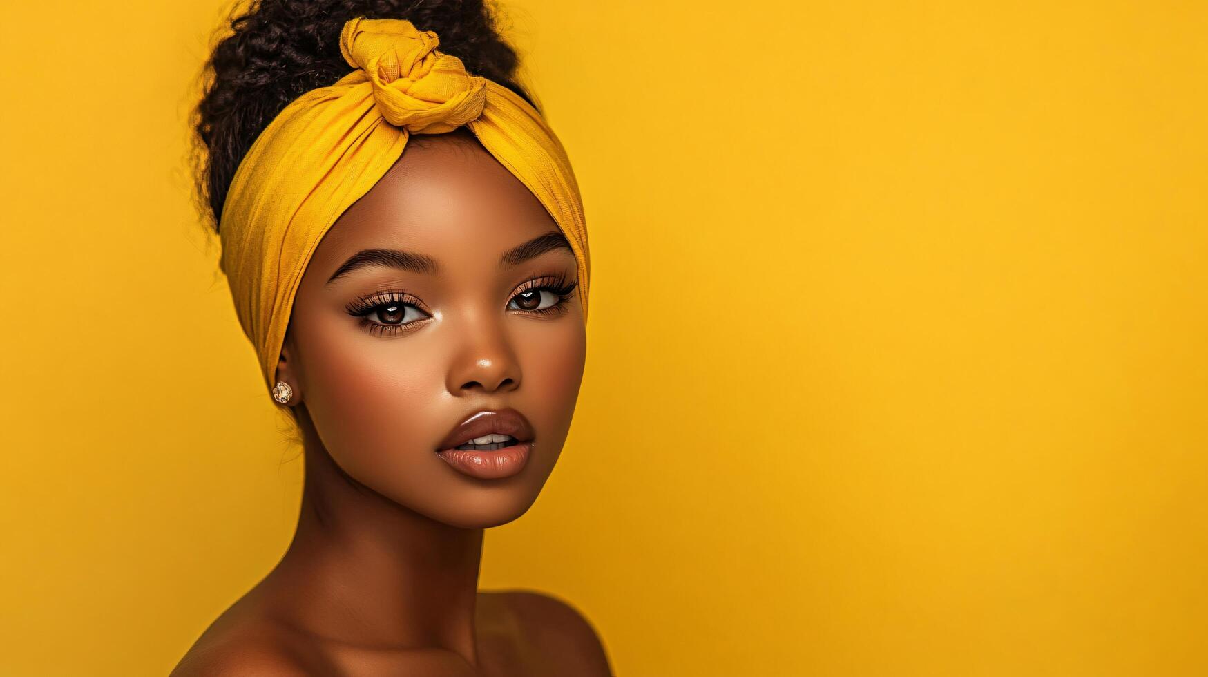 Woman with a yellow headband is standing in front of a yellow background. The woman has a confident and bold look on her face photo