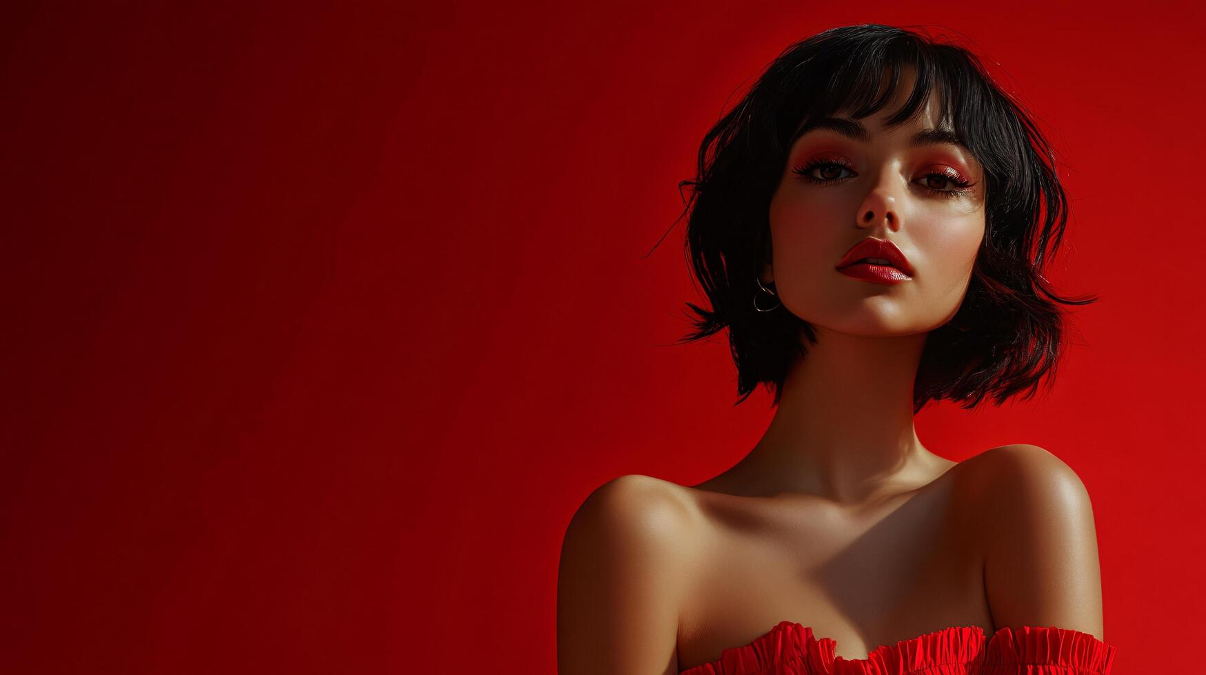 Woman in a red dress stands in front of a red background. She has red lipstick and her hair is styled in a bob photo