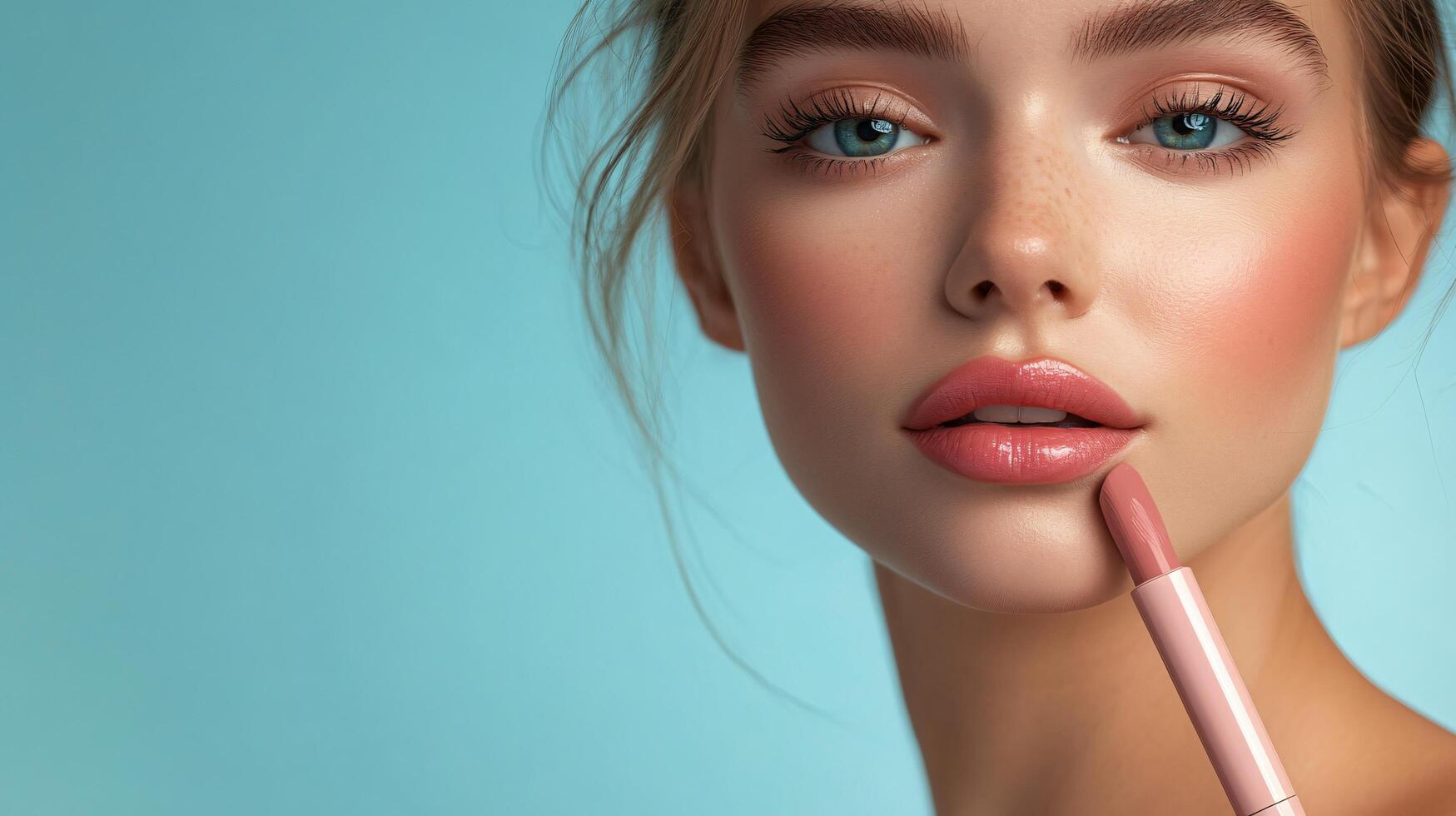 Woman is applying lipstick with a pink brush. Concept of beauty and self-care, as the woman takes the time to enhance her appearance photo