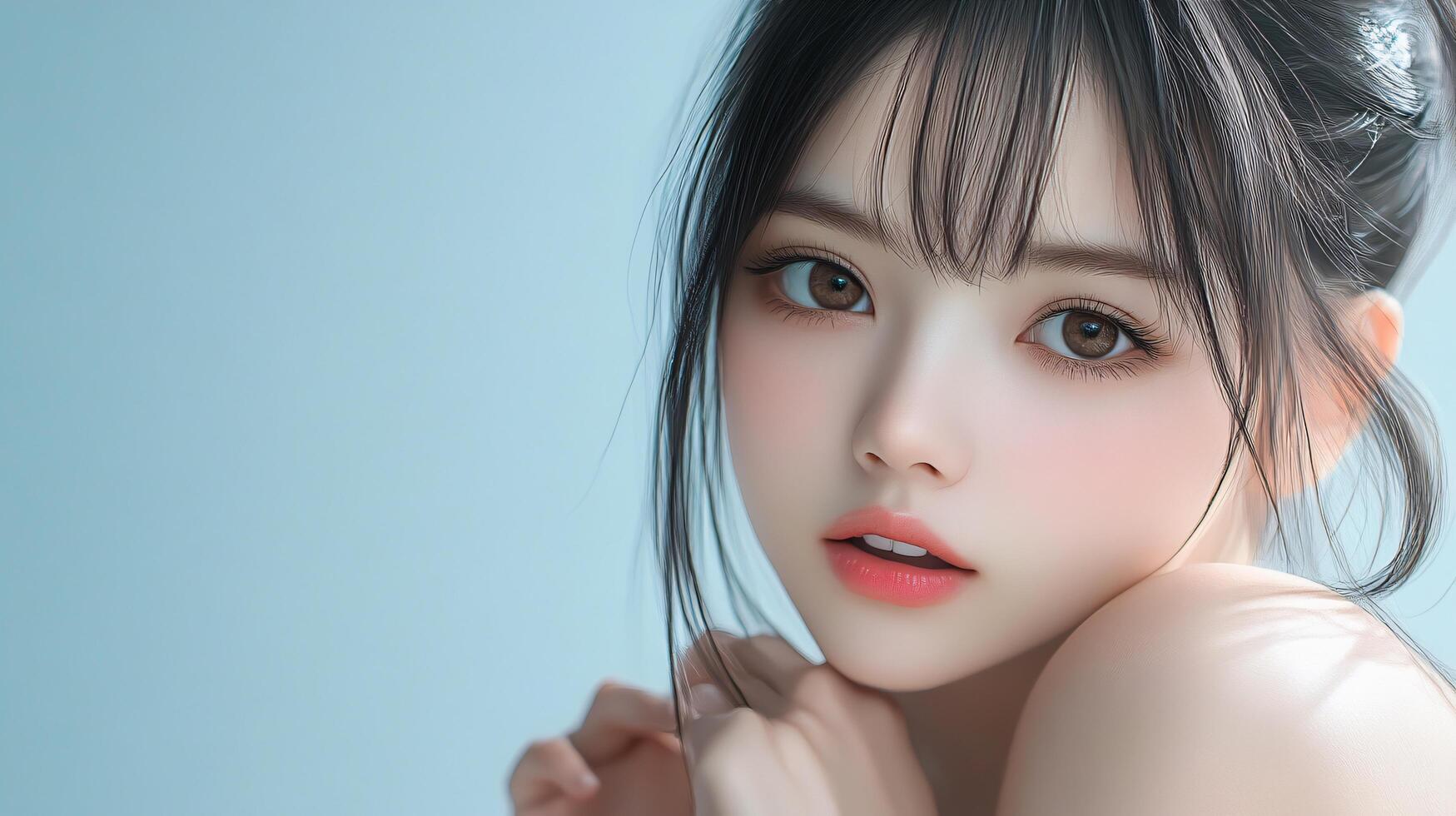Woman with long black hair and a pink lip is smiling. The image is a close up of her face photo